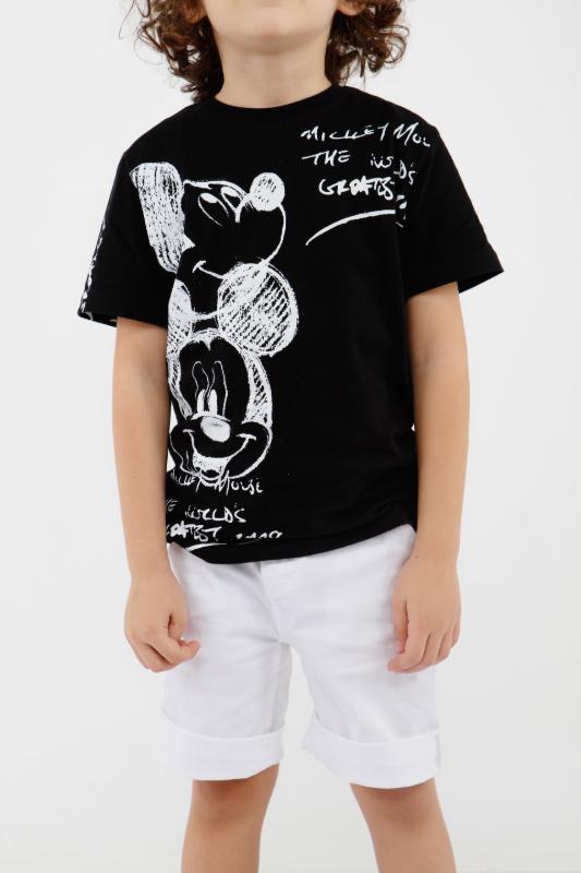 Mickey Mouse Baskılı  Siyah T-shirt, Beyaz kapri