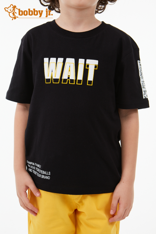 Siyah WAIT Baskılı T-shirt