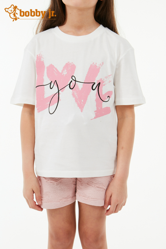 Pembe love baskılı beyaz t-shirt